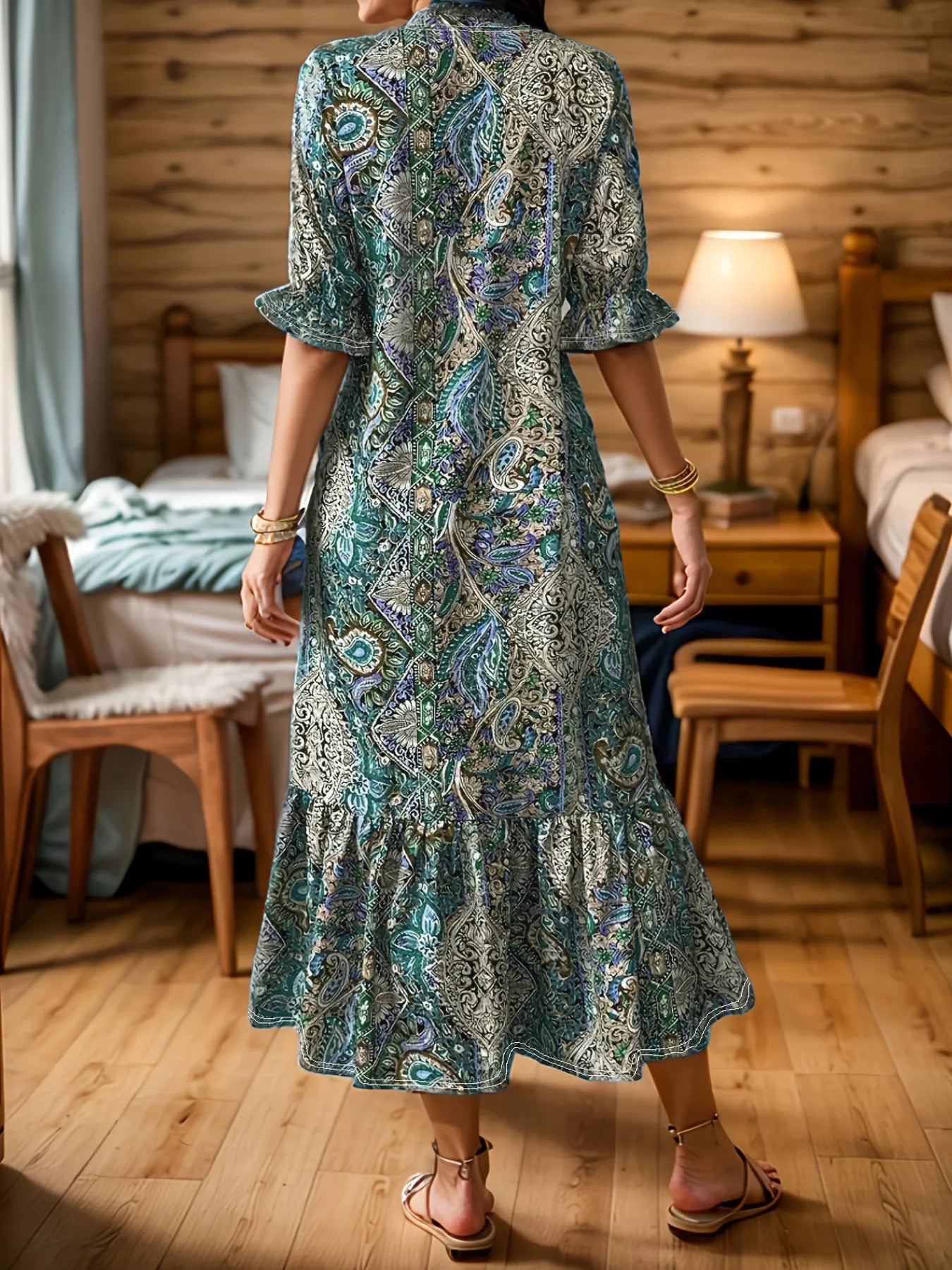 Full Size Bohemian Paisley Print Ruffle Hem Midi Dress Plus Size
