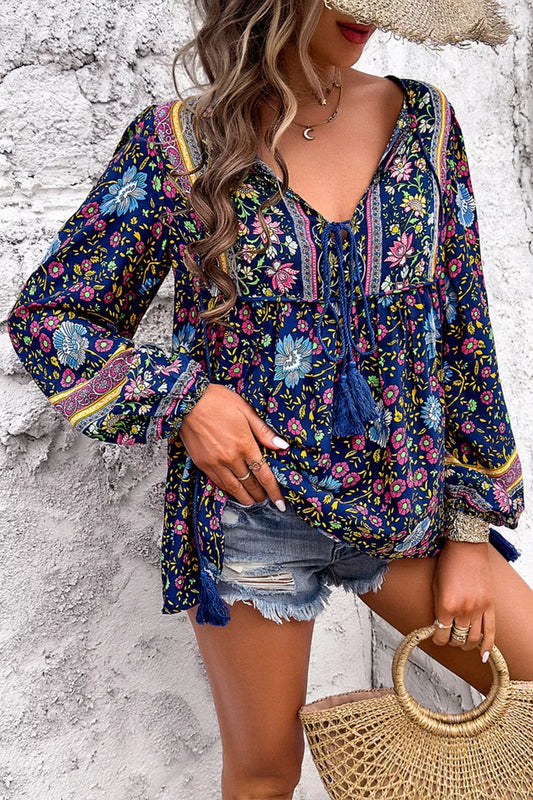 Floral Print Tie Neck Blouse