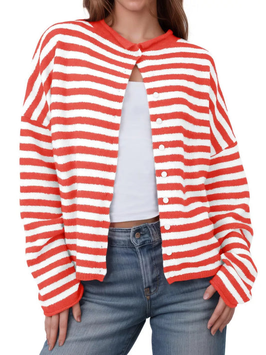 Striped Button-Down Knit Cardigan