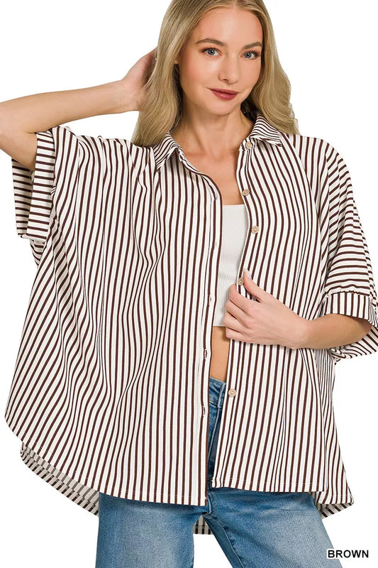 Zenana Oversized Stripe Button Down Shirt