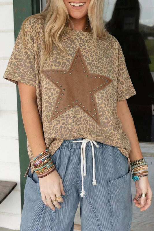 Leopard Print Star Studded Casual T-Shirt