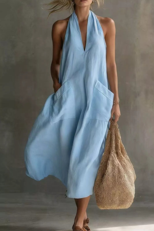 Casual Halter Neck Pocket Midi Dress