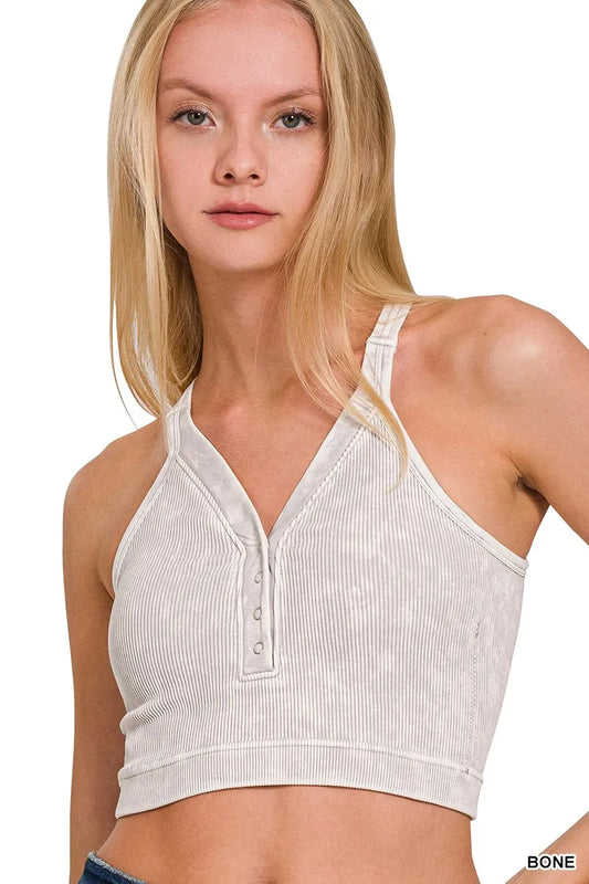 Zenana Washed Ribbed Seamless Button V-neck Tank Top