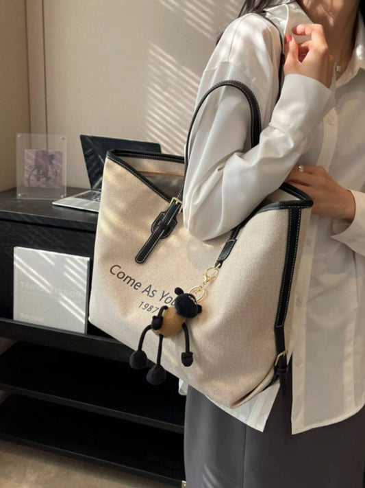 Canvas Tote Shoulder Bag with Charm