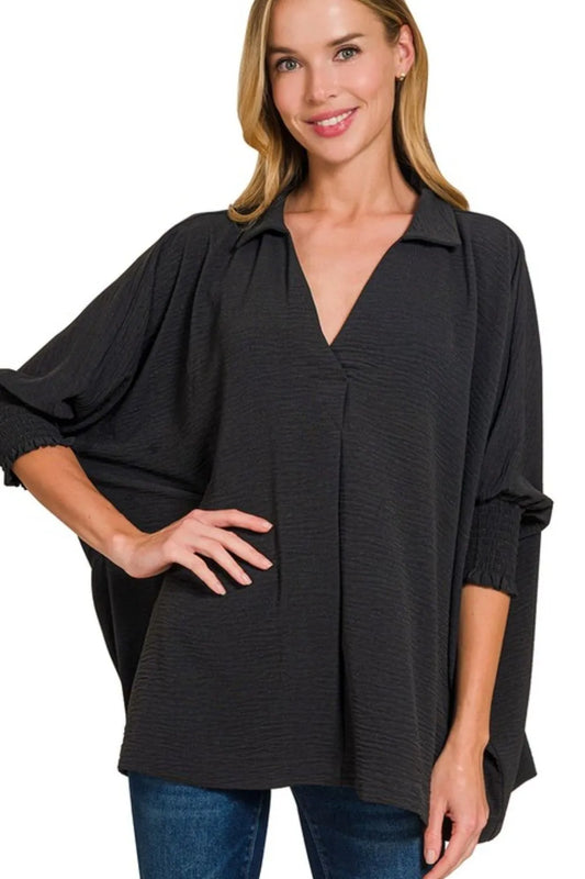 Zenana Airflow Collar Tee with Smocked Sleeve Band Top