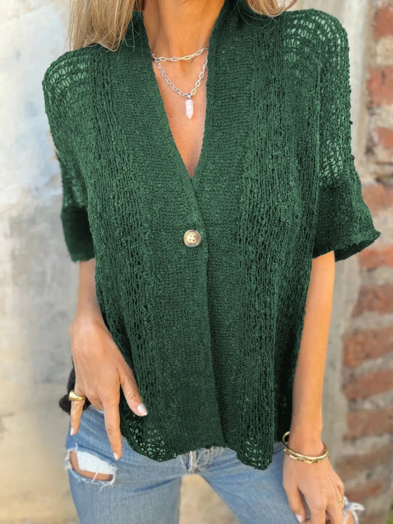 Full Size One Button Half Sleeve Cardigan Plus Size