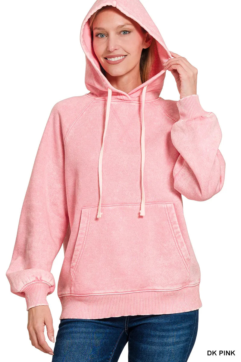Zenana Acid Wash Fleece Hoodie with Kangaroo Pocket