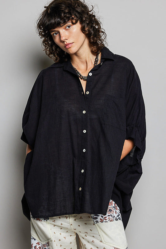 POL Button Down Half Dolman Sleeve Shirt