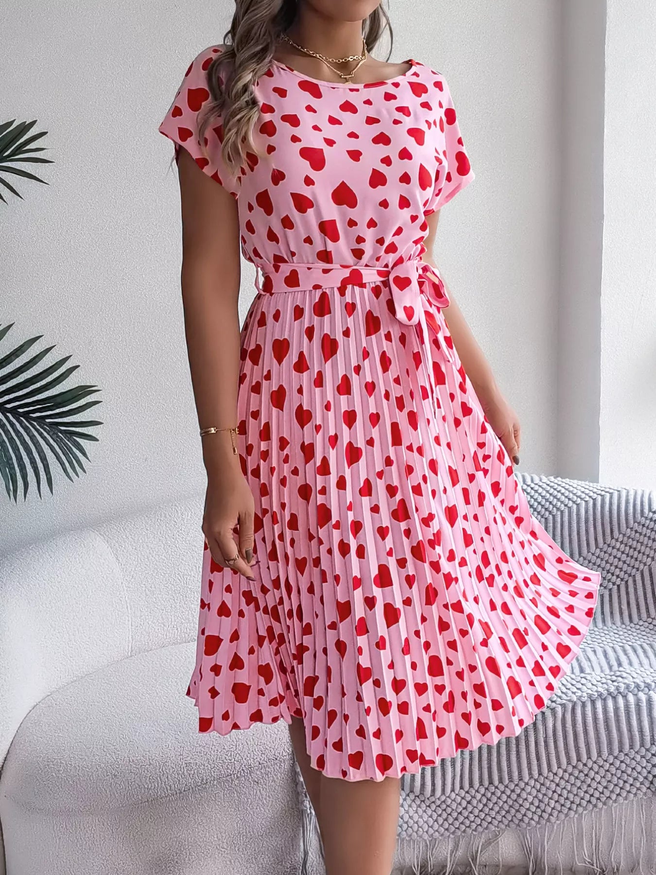 Heart Print Belted Pleated Midi Dress