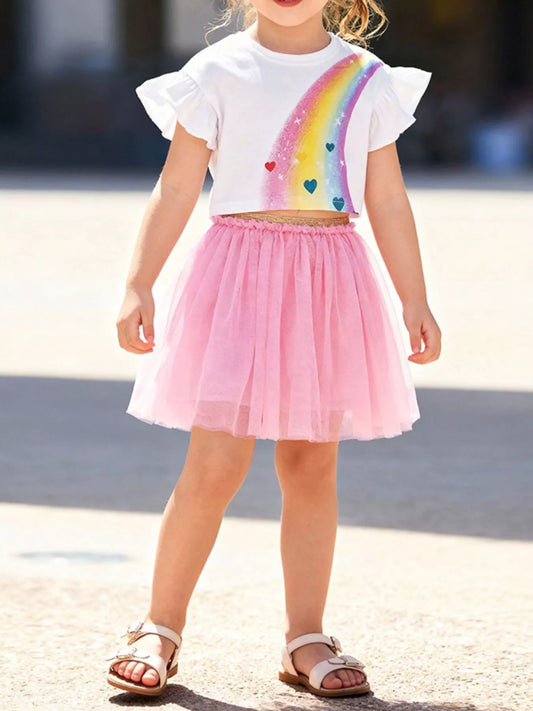 Children's Rainbow Ruffle Sleeve Top and Tulle Skirt Set