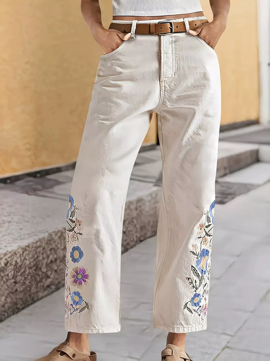 Embroidered Floral Wide-Leg Jeans