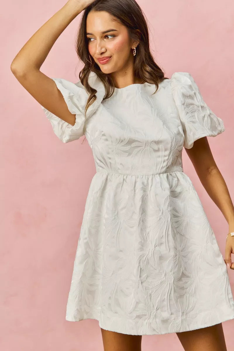 SO ME Floral Jacquard Bubble Shorts Sleeves Mini Dress