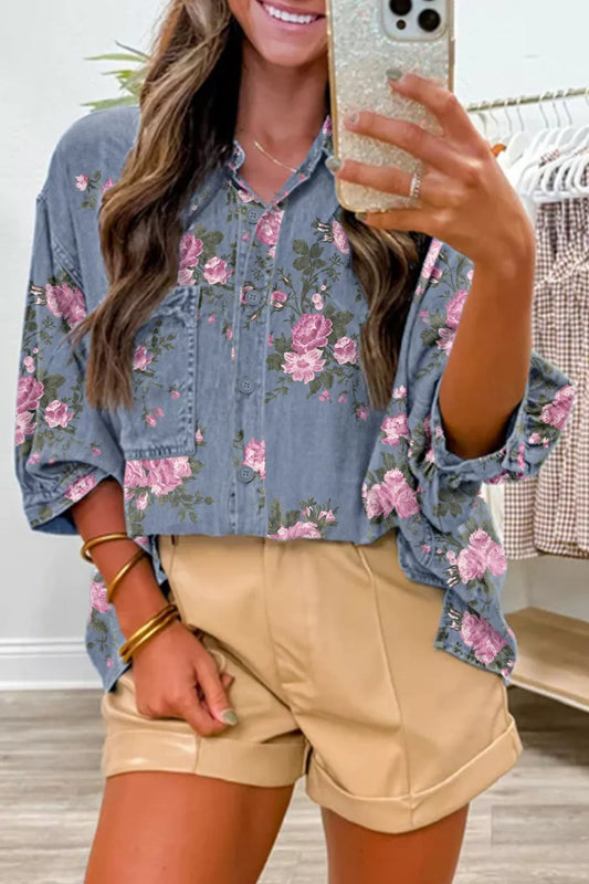 Floral Print Button Up Denim Shirt