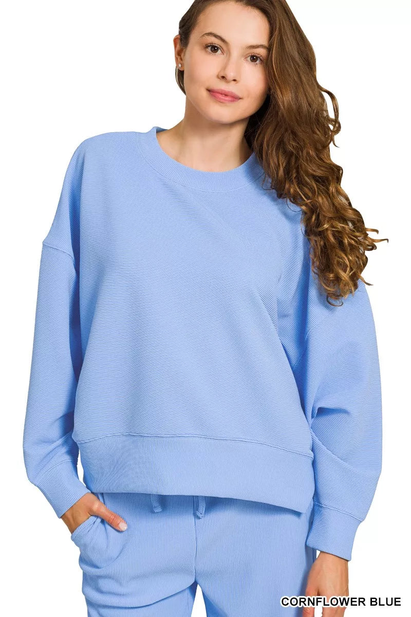 Zenana Ribbed Round Neck Pullover and Drawstring Pants Set