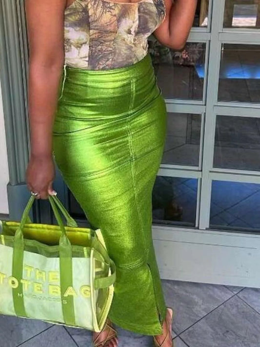 Shimmering Side Slit Bodycon Maxi Skirt