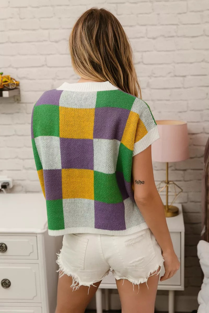 BiBi Sequin Embroidery Mardi Gras Checker Sweater Top