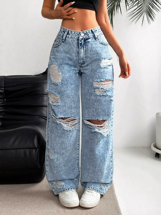 Distressed Wide-Leg Jeans
