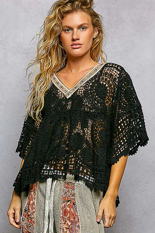 POL V-Neck Crochet Top with Scalloped Hem