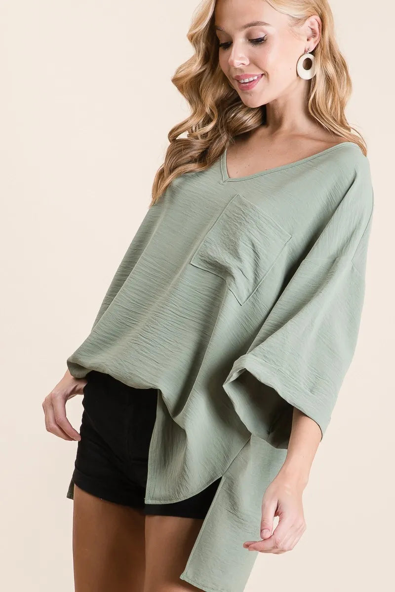 BiBi Flowy Woven V-Neck Top with Rolled Up Cuffs
