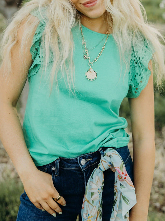 Eyelet Lace Ruffled Cap Sleeve Top