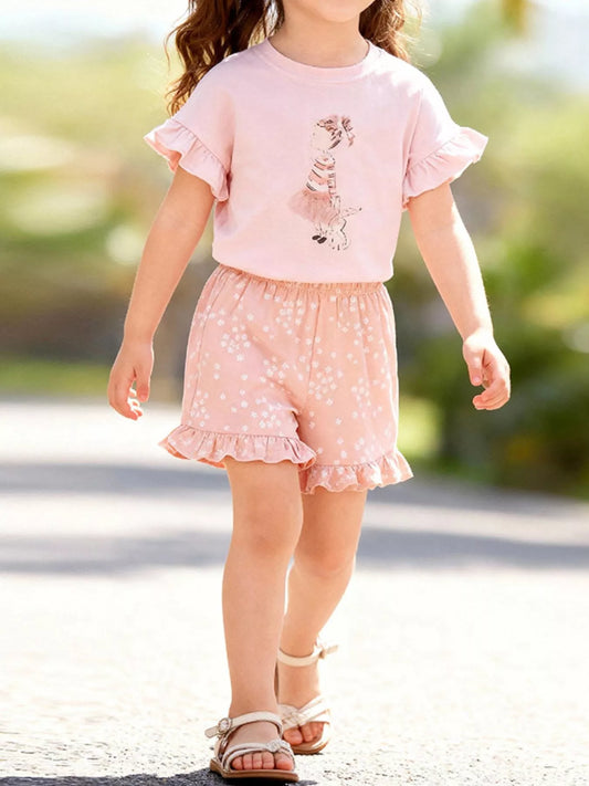 Children's Ruffled Sleeve Graphic Tee & Floral Shorts Set