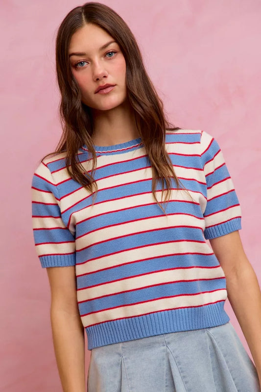 SO ME Stripe Knit Crew Neck Short Sleeves Sweater Top