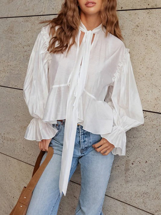 Tie Neck Flounce Sleeve Blouse