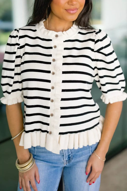 Stripe Ruffle Trim Button Down Knit Short Sleeve Sweater Cardigan