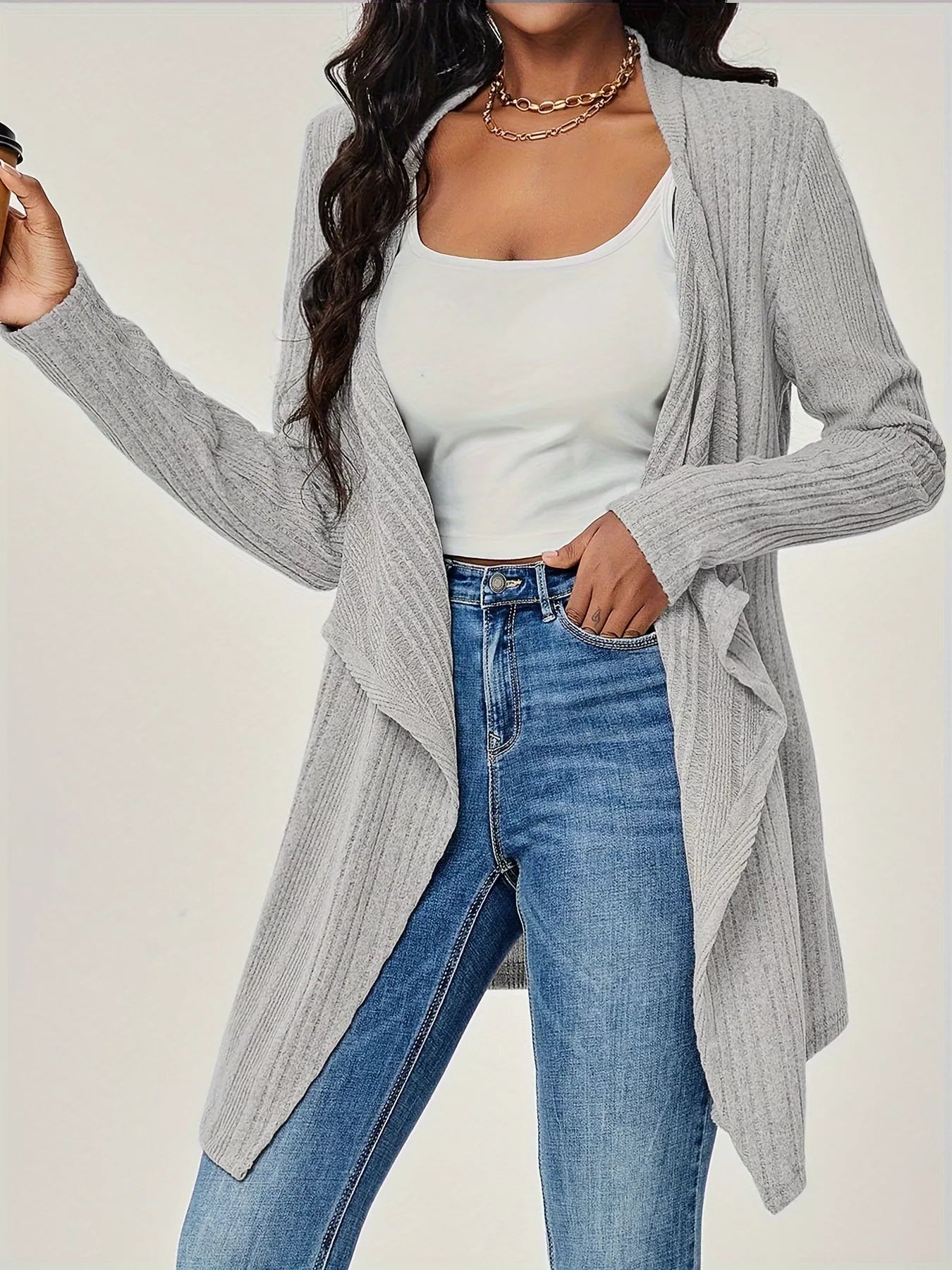 Ribbed Knit Open Front Cardigan
